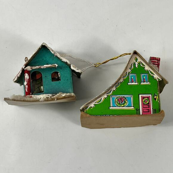 Vtg Japan Glitter House Ornaments Lot of 2 Cardboard Putz Style Christmas Decor - Picture 2 of 13